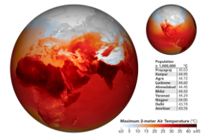 Map of world showing areas with temperatures over 115 degrees Fahrenheit