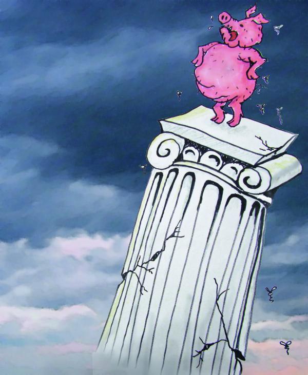 graphic Pig standing on a SCOTUS column