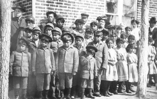 Native American student body at boarding school in Panultch, Utah, c1900.