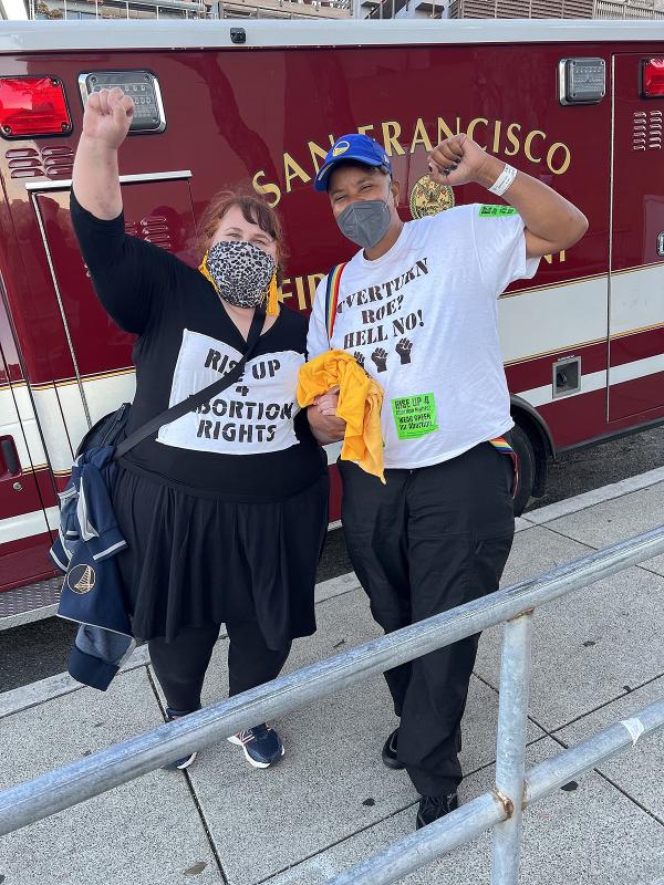 Xochitl and Magda after they disrupted Game 5 of NBA finals, protesting for abortion rights.
