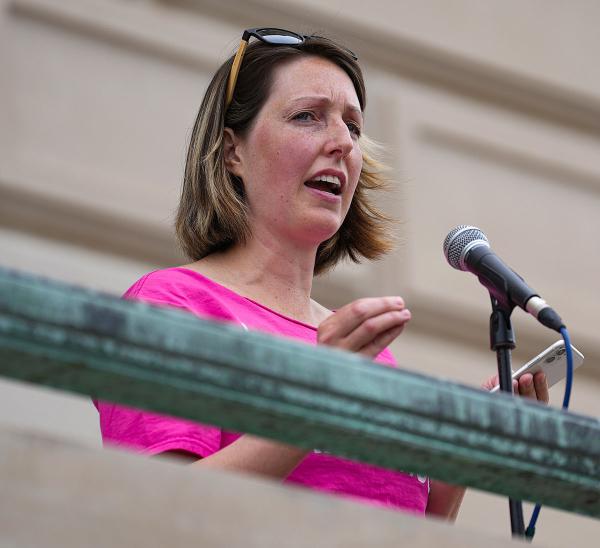Dr. Caitlin Bernard, a reproductive healthcare provider, speaks during an abortion rights rally on Saturday, June 25, 2022.