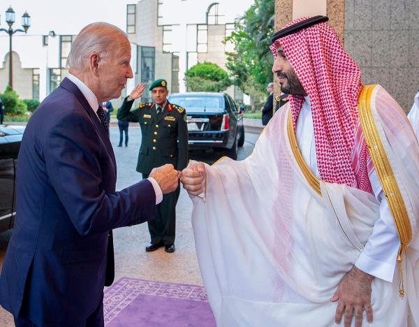 Biden exchanges fistbump with Saudi Crown Prince Mohammed bin Salman.