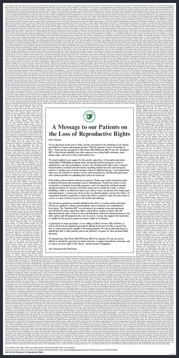 Ad in Columbus Dispatch protesting attacks on abortion rights