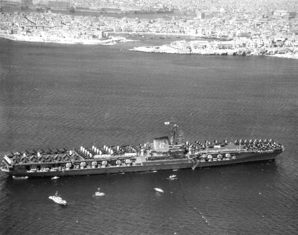 USS Franklin D. Roosevelt at anchor in Piraeus, Greece, September 1946.