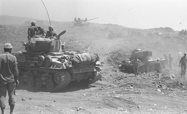 During the six-day war, Israeli tanks advancing on Golan Heights June 1967.