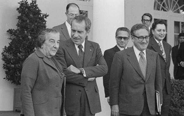 Richard Nixon and Henry Kissinger visit Golda Meir in support of Arab Israeli War of 1973.