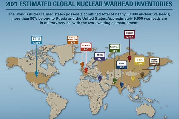 Map showing distribution of nuclear weapons around the world