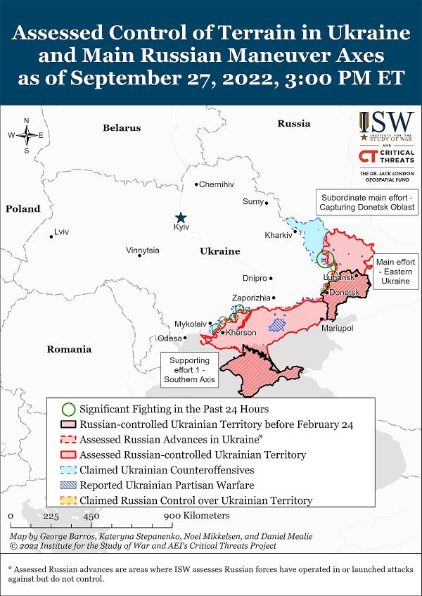 Map showing Russian control of Ukraine as of September 27, 2022.