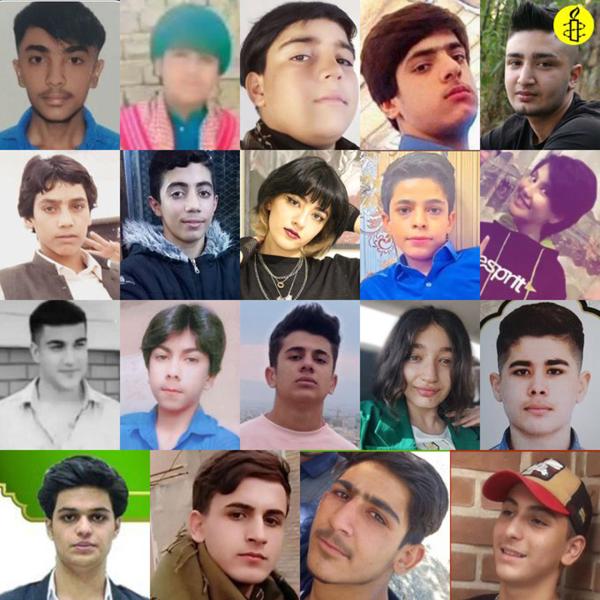 Collage: Gallery of 23 boys and girls killed by Iranian police, October 2022.