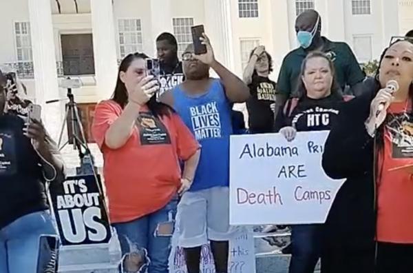Loved ones and supporters of Alabama prisoner's strike rally at Alabama State House.