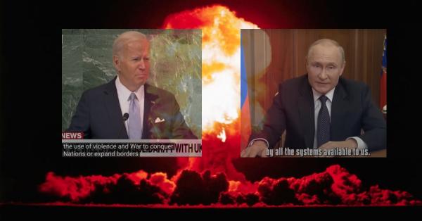 Biden and Putin with nuclear explosion in background