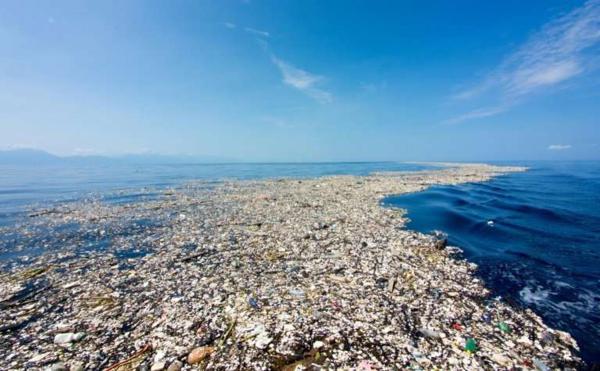 Extensive island of plastics in the ocean.