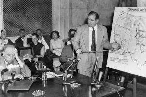 U.S. Senator Joe McCarthy of Wisconsin (right), at the Senate Subcommittee on Investigations’ hearings, June 9, 1954.
