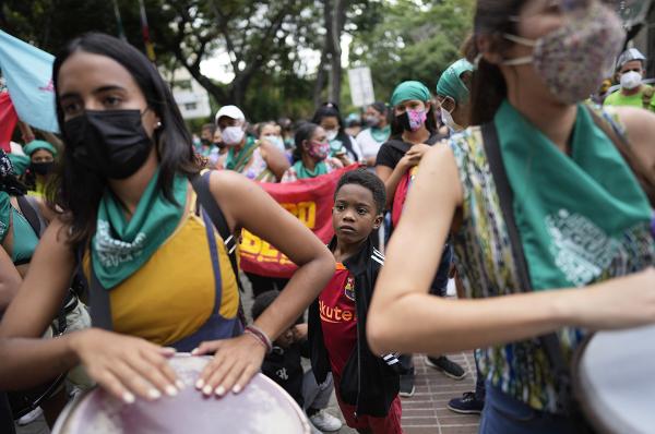 Women play drums during a Global Day of Action for access to legal, safe and free abortion, Caracas, Venezuela, September 28, 2021.