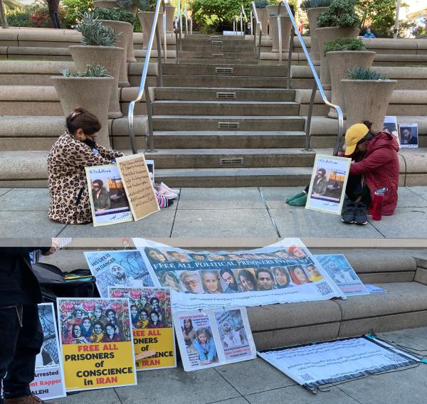 IEC volunteers re-enact Khodanour shackling, distribute flyers at busy Embarcadero district, San Francisco.