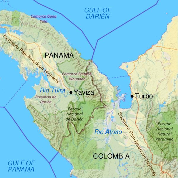 Map of the Darién Gap, treacherous migrant route connecting Colombia and Panama.