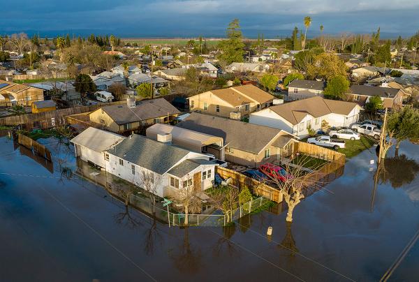 Following weeks of storms, floodwaters cover streets in area of Merced County, California, on January 10, 2023.