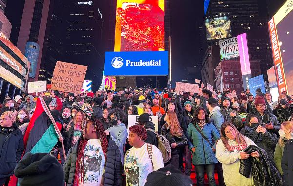 Protest in Times Square, NYC, when bodycam of Memphis cops beating Tyre Nichols was released