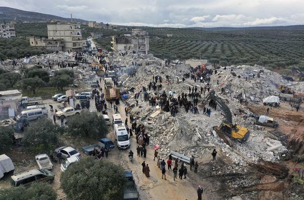 Earthquake left vast area of collapsed buildings in Syria near border with Turkey, February 6, 2023.