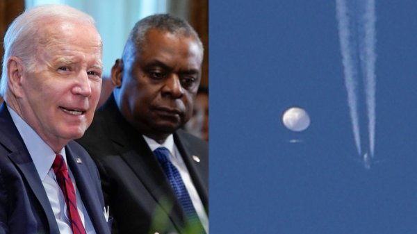 Left, Biden and Austin; right, Chinese balloon being shot down over Atlantic Ocean, with a fighter jet and its contrail seen below it, Saturday, Feb. 4, 2023.
