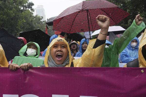 Indonesia, Jakarta, IWD women shout slogans.