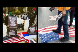 Chicago and LA: Standing on the U.S. and Russian flags, and encouraging people to walk on the American flag.