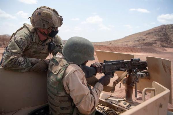 U.S. Army soldier training a soldier in Djibouti, a small country on the northeast coast of Africa, on October 28, 2020.