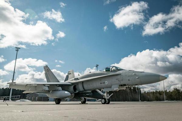 A Finnish F A 18 fighter jet on the tarmac at Ämari Air Base in Estonia on prior to a NATO training exercise.