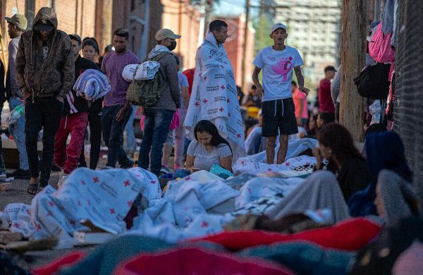 El Paso, Texas, April 30, 2023: Migrants camp in the streets as Title 42 is about to expire.