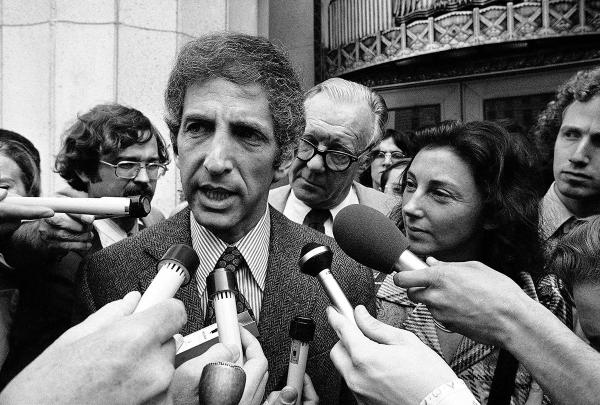 Daniel Ellsberg, co-defendant in the Pentagon Papers case, talks to media outside the Federal Building in Los Angeles, April 28, 1973.