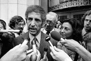 Daniel Ellsberg, co-defendant in the Pentagon Papers case, talks to media outside the Federal Building in Los Angeles, April 28, 1973