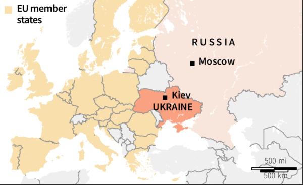 Map of Ukraine and Russia and EU