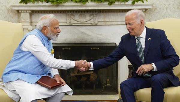 Biden US India Image ID : 23173571401736 President Joe Biden and India's Prime Minister Narendra Modi shake hands in the Oval Office of the White House, June 22, 2023, in Washington.