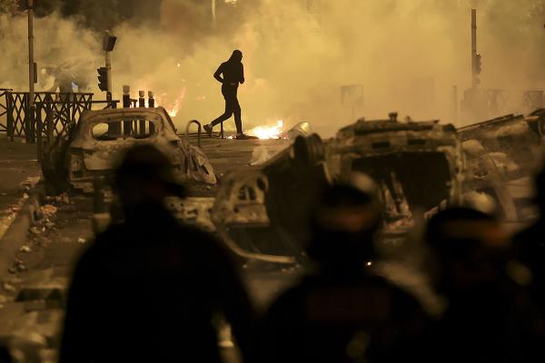 Paris suburb, France, June 30, 2023: Third night of protests sparked by the police murder of a 17-year-old Nahel Merzouk.