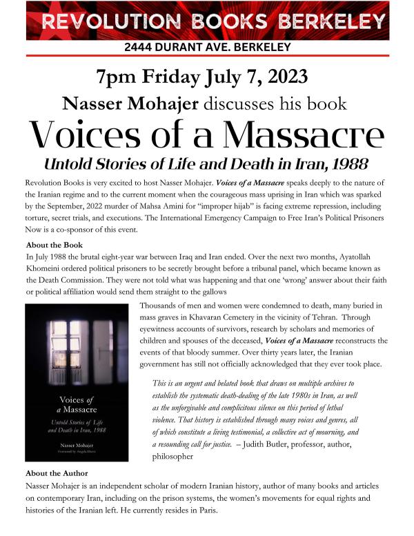 Leaflet to Revolution Books, Berkeley "Voices of a Massacre" book event.