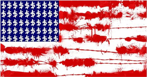 US flag art with dollar signs for stars, and barbed wire for stripes
