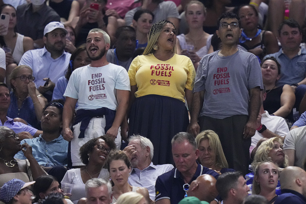 Fossil fuel protesters disrupt women’s semifinals match between Coco Gauff, U.S., and Karolina Muchova, Czech Republic, September 7, 2023.