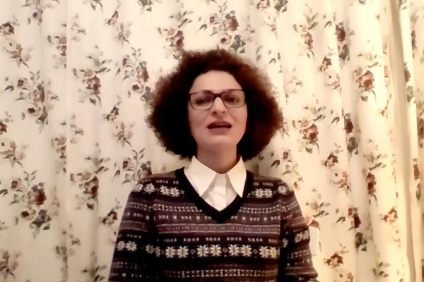 Screengrab of Somayeh Kargar speaking on International Women’s Day, March 8, 2023.