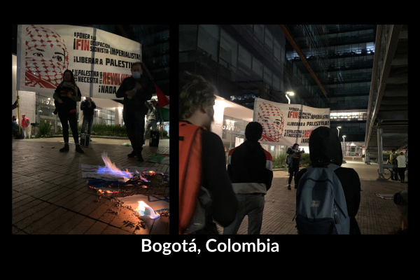 Protest and burning of the Israeli flag in front of the Israeli embassy in Bogotá, Colombia.