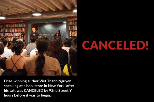 Prize-winning author Viet Thanh Nguyen speaking at a bookstore in New York, after his talk was CANCELED by 92nd Street Y hours before it was to begin. CANCELED!
