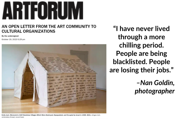 Screenshot from ArtForum website. “I have never lived through a more chilling period. People are being blacklisted. People are losing their jobs.” –Nan Goldin, photographer