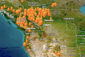Map of Fires burning across Canada