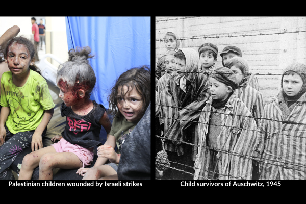 Palestinian children wounded by Israeli strikes; Child survivors of Auschwitz, 1945