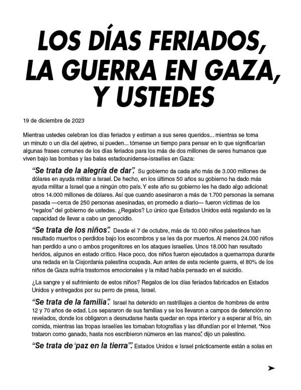 The Holidays, The War in Gaza, and YOU Spanish leaflet front