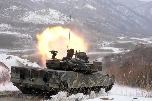 South Korea's K1A2 tank fires during the joint military drill between South Korea and the United States, January 4, 2024.