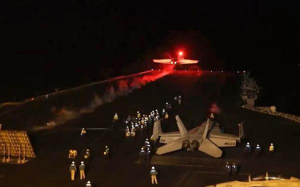 A U.S.F/A-18 Super Hornet takes off from USS Dwight D. Eisenhower to target sites in Yemen, January 11, 2024.