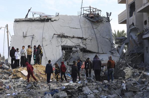 Rafah, Gaza: Destruction from Israeli airstrike on a residential building, February 16, 2024.