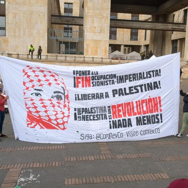 Bogota, Colombia, February 23, 2024, revolutionary communist banners in defense of Iranian political prisoners and against Israeli genocide