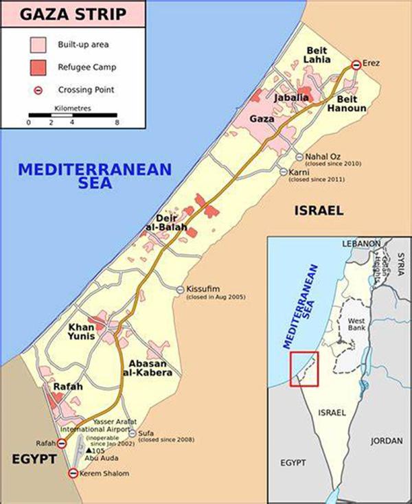 Map showing Gaza, and border crossing points into Egypt.