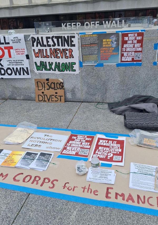 RevComs set up a little “table” at the Yale protest, April 20, 2024.